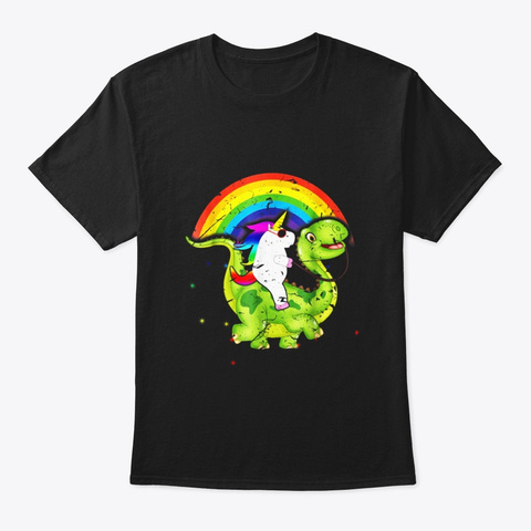Unicorn Riding Dinosaurs Sunglasses Black T-Shirt Front