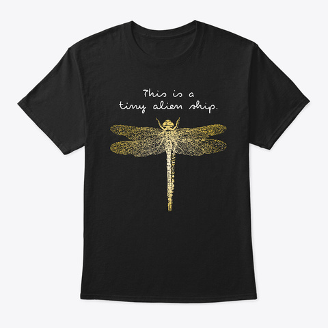Funny Dragonfly Alien Ship Vintage Art Black T-Shirt Front