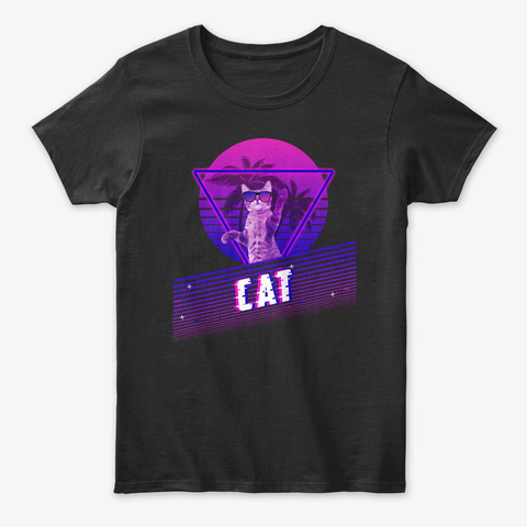  Cat Retro Vaporwave Costume Matching Black T-Shirt Front