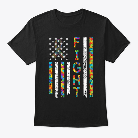 Autism Awareness Ribbon American Flag T  Black T-Shirt Front