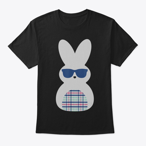 Cute Plaid Happy Easter Bunny Blue T Shi Black T-Shirt Front
