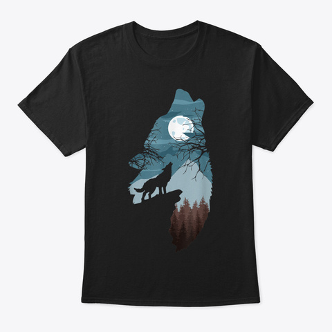 Silhouette Howling Wolf Forest With Black T-Shirt Front
