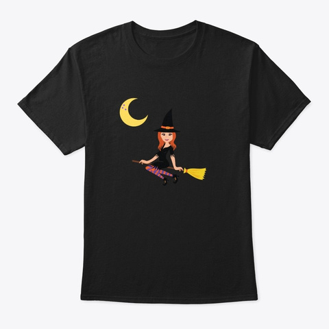 Cute  And Pretty Witch On Broom T Black T-Shirt Front