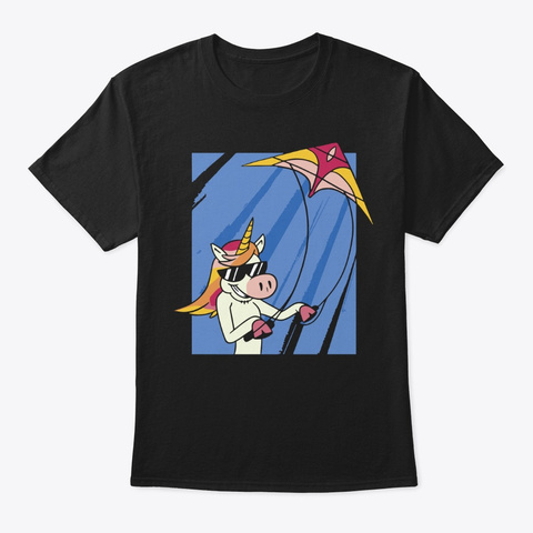 Funny Unicorn Flying Kite Black T-Shirt Front