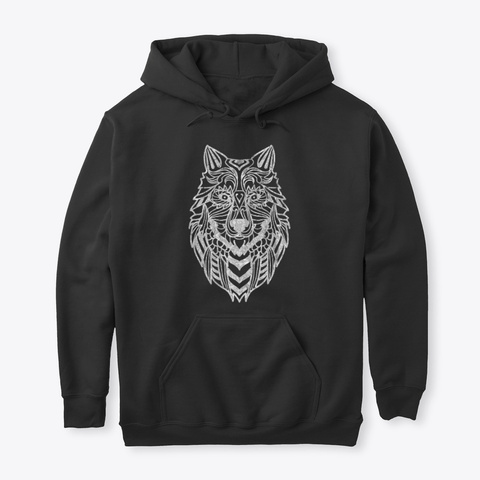 Silver Gray Wolf Head Mandala Black T-Shirt Front
