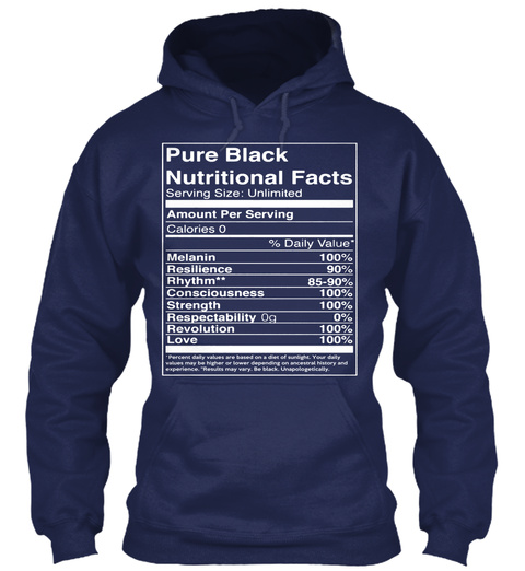 Pure Black Nutritional Facts
Serving Size; Unlimited 
Amount Per Serving 
Calories 0
%Daily Value
Melanin... Navy T-Shirt Front