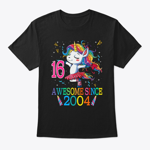 16 Years Old 16th Birthday Unicorn Black Camiseta Front