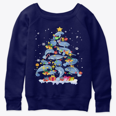 Cute Funny Manatee Christmas Tree Santa Navy  T-Shirt Front