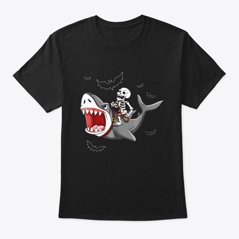 Skeleton Riding Shark Funny Halloween Black T-Shirt Front