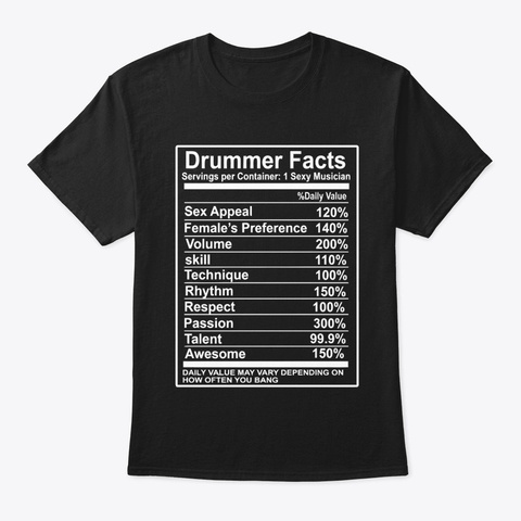 Drummer Facts. Black T-Shirt Front