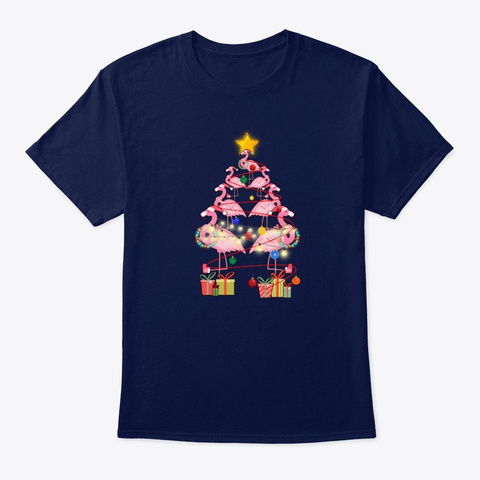 Beautiful Flamingo Christmas Tree Lights Navy T-Shirt Front
