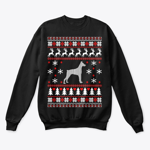 Doberman Ugly Christmas Sweater Black T-Shirt Front