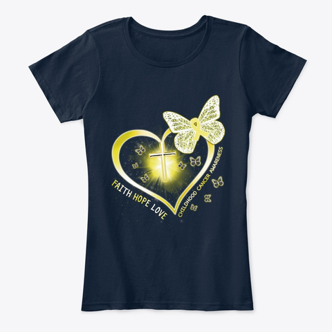 Childhood Cancer Heart Cross Butterfly New Navy T-Shirt Front