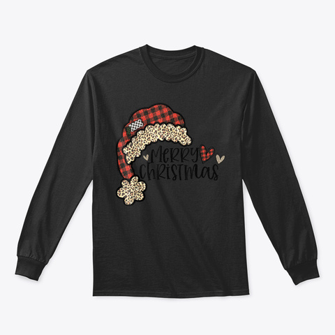 Christmas Santa Hat Buffalo Plaid Leopar Black T-Shirt Front