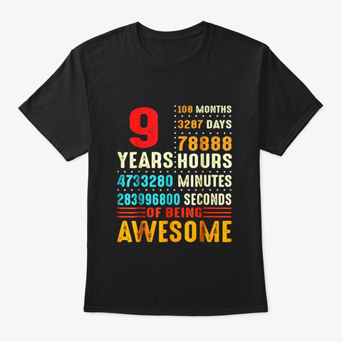 9 Years Old 9th Birthday Vintage Retro T Black T-Shirt Front
