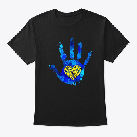 Hand Heart Down Syndrome Awareness Gift Black T-Shirt Front