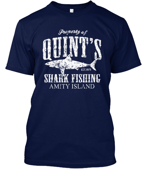 Property Of Quint's Shark Fishing Amity Island Est. 1975 Navy T-Shirt Front