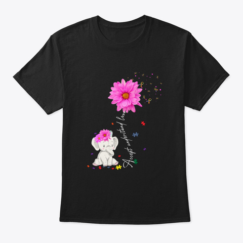 Autism Awareness Daisy Flower Elephant F Black T-Shirt Front