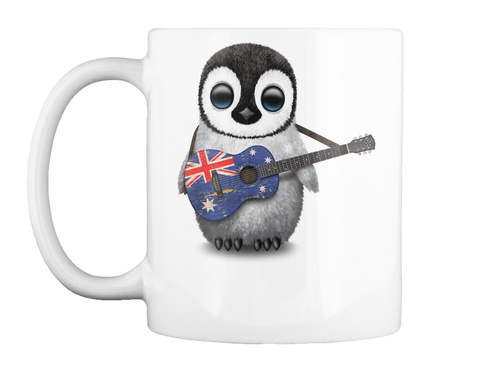 Mug   Baby Penguin Playing Australian Flag Guitar White T-Shirt Front