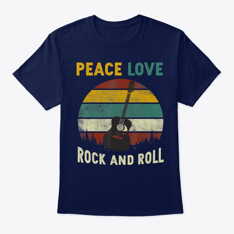 Peace Love Rock And Roll Guitar Retro Vi Navy Camiseta Front