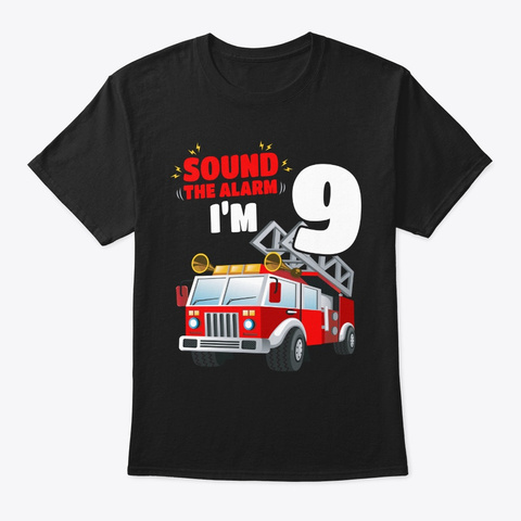 Kids Fire Truck 9th Birthday 9 Years Old Black T-Shirt Front