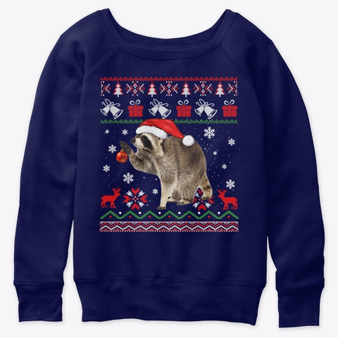 Raccoon Ugly Christmas Pajama Santa Hat Navy  T-Shirt Front