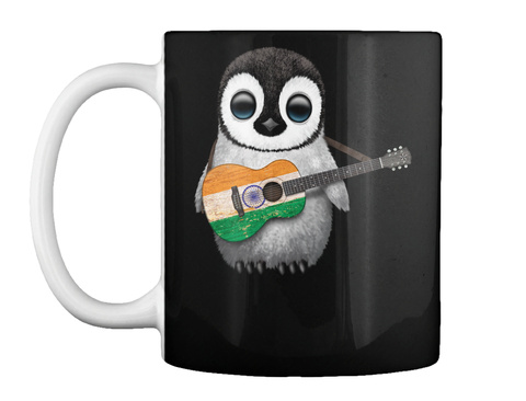 Mug   Baby Penguin Playing Indian Flag Guitar Black T-Shirt Front