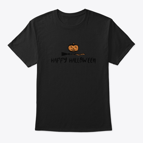 Happy Halloween Pumpkin Head And Broom Black Camiseta Front
