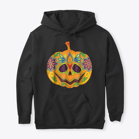 Cute Art Sugar Skull Pumpkin Scary Hallo Black T-Shirt Front