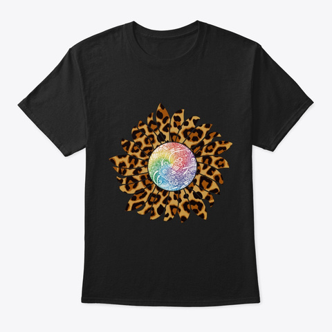 Leopard Sunflower Colorful Mandala Black T-Shirt Front