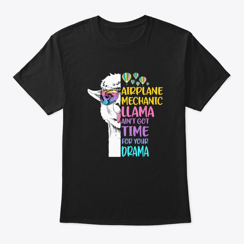 Airplane Mechanic Llama Black T-Shirt Front