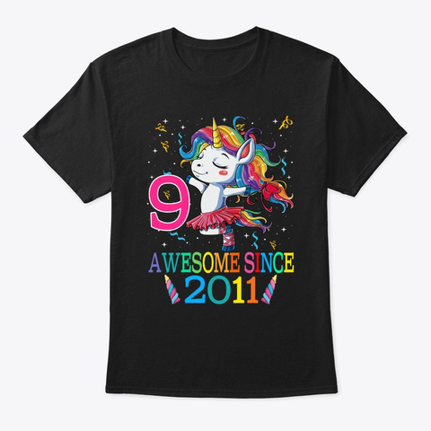 9 Years Old 9th Birthday Unicorn Black T-Shirt Front