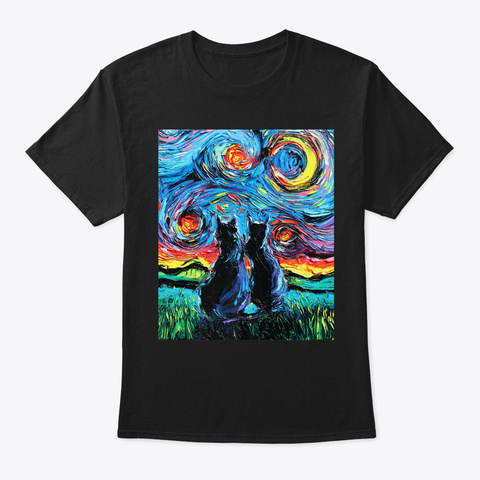 Two Black Cats On A Starry Night Colorfu Black T-Shirt Front