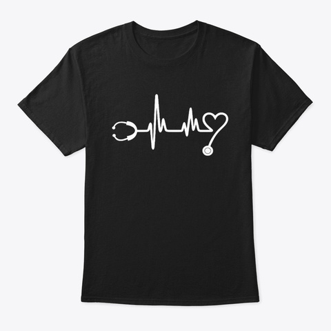 Hearbeat Stethoscope. Black T-Shirt Front
