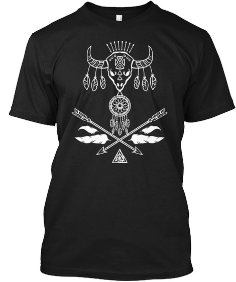 Bison Skull Dreamcatcher Boho Arrows Black T-Shirt Front