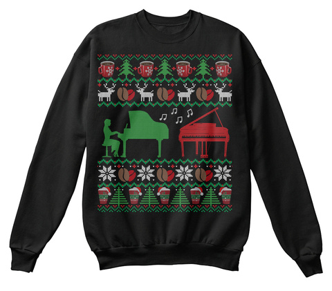 Coffee Piano Ugly Christmas Sweater Gift Black T-Shirt Front