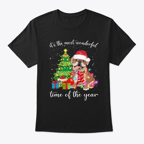 English Bulldog With Merry Chrismas Tee Black T-Shirt Front