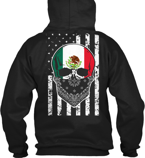 Cool Mexican Skull + American Flag Black T-Shirt Back