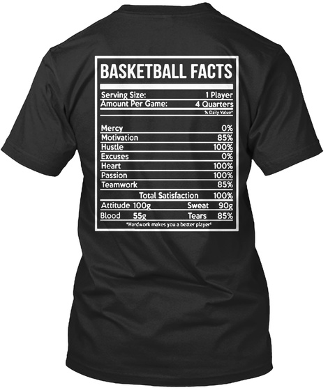 Basketball Facts Serving Size 1 Player Amount Per Game 4 Quarters Mercy 0% Motivation 85% Hustle 100% Excuses 0% Heart Black T-Shirt Back
