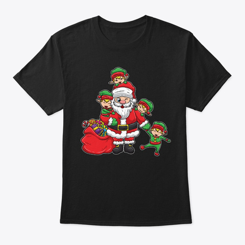 Santa Claus With Elves | Christmas Black T-Shirt Front
