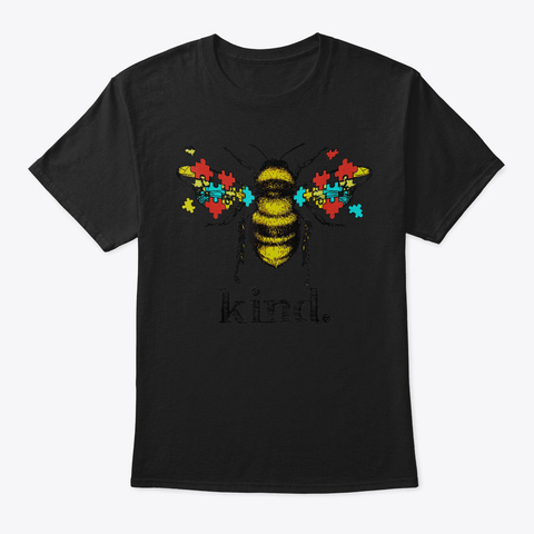 Autism Awareness Bee Kind Puzzle Pieces  Black T-Shirt Front