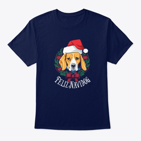 Feliz Navidog Beagle Santa Hat Xmas Navy T-Shirt Front