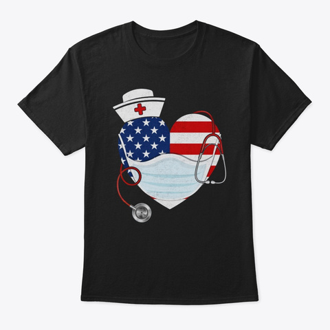 American Nurse Heart Shirt American Flag Black T-Shirt Front