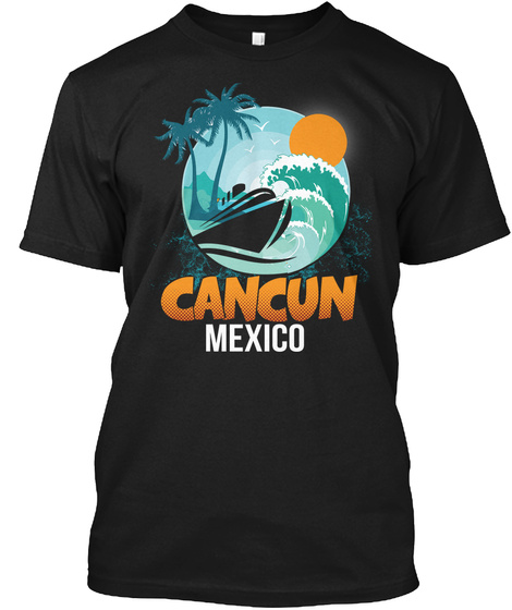 Cancun Mexico Beach Palm Tree Black T-Shirt Front