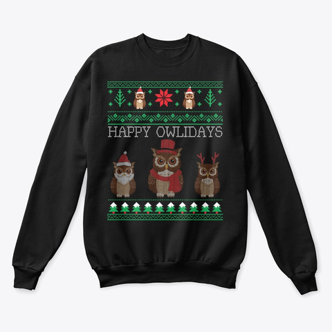 Cute Owl Lovers Ugly Christmas Sweaters Black T-Shirt Front