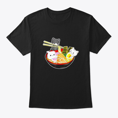 Kawaii Japanese Anime Cat T Shirt Bowl Black T-Shirt Front