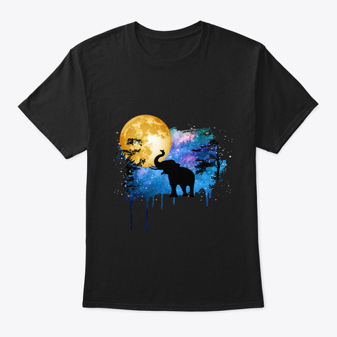 Elephant Full Moon Galaxy Star Night Black T-Shirt Front