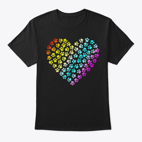 Dog Paw Print Shirt Rainbow Heart Love P Black T-Shirt Front