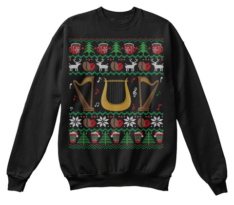 Coffee Harp Ugly Christmas Sweater Gifts Jet Black T-Shirt Front