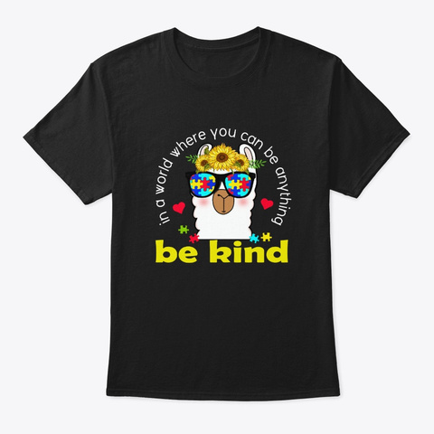 Autism Awareness Llama Sunflower Gift Black T-Shirt Front